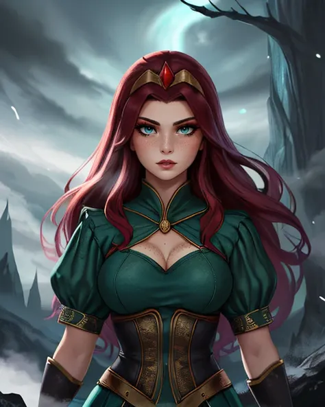 a woman in a green dress with a red head and a sword