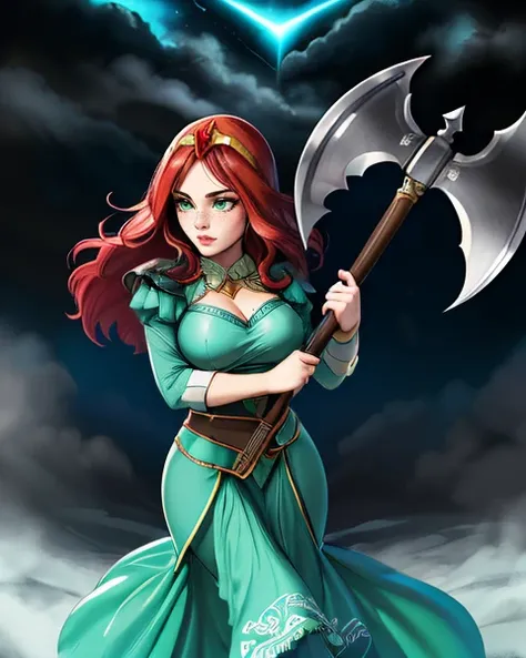 a woman in a green dress holding an axe in front of a dark sky