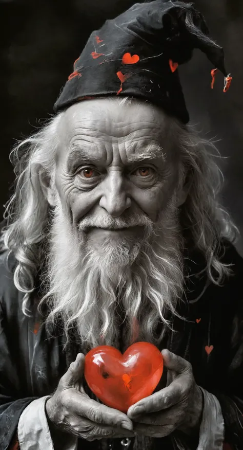 Draw clean ink detail lines, Black and White Portrait of an Old Wizard, Mean-looking, cranky, Shyly smiling, Holding a transparent red heart, Low-key lighting Style