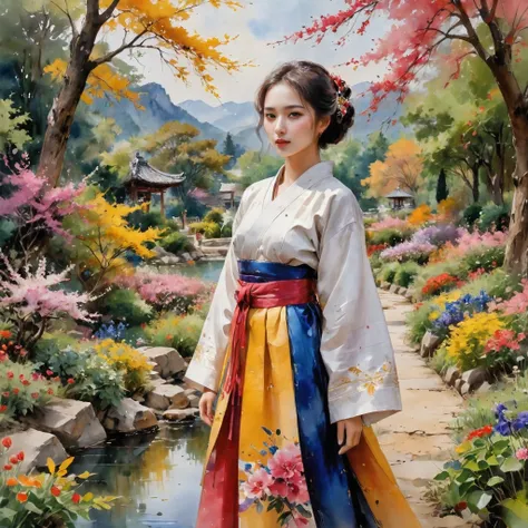 A lady dressed in exquisite hanbok, standing regally amidst a majestic garden filled with vibrant foliage and colorful blossoms, her attire a striking contrast against the natural backdrop, Painting, watercolor on canvas, portraying the graceful elegance o...