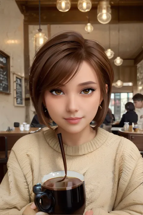 <lora:hairstyles-pixie:0.5>, pixie_hairstyle, beautiful woman wearing sweater, brown hair, coffee shop interior || masterpiece, perfect quality, sharp focus, shallow depth of field, 8k