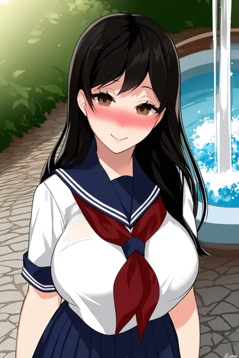 anime girl in sailor outfit standing in front of a fountain