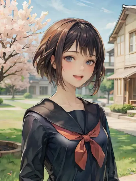 anime girl with brown hair and blue eyes standing in front of a house