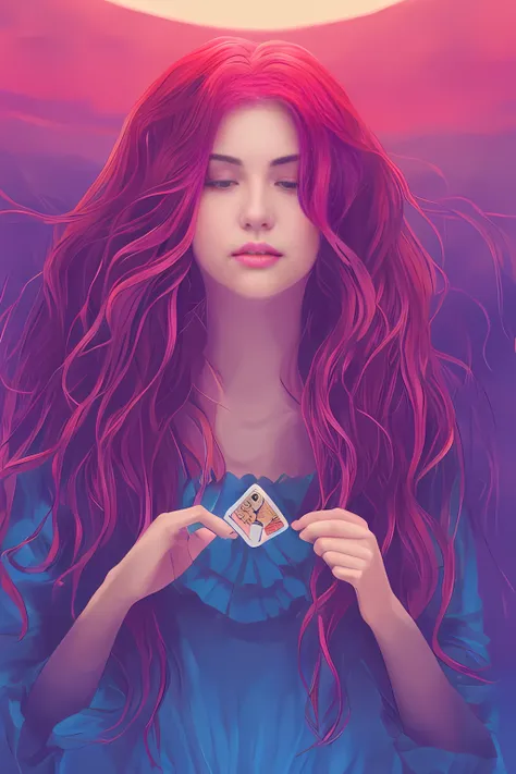 tarot card style, 1 girl, solo, portrait , digital illustrated,  flowing hair, glowing rainbow hair,     night, pastel , looking...