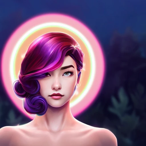 1 girl, solo, portrait , digital illustrated, flowing hair, glowing rainbow hair, night, red_moon, looking at the camera , looking_at_viewer, ring lighting, rim lighting, trending on artstation, wlop, dsktaro1