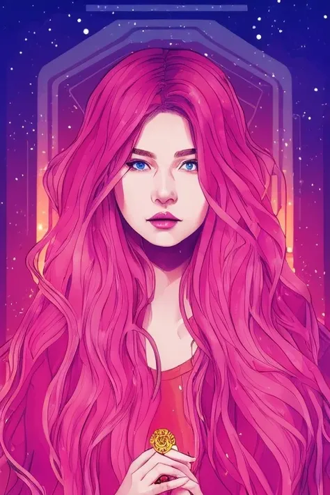 tarot card style, 1 girl, solo, portrait , digital illustrated, flowing hair, glowing rainbow hair, night, pastel , looking at the camera , looking_at_viewer, ring lighting, rim lighting, trending on artstation, wlop, dsktaro1