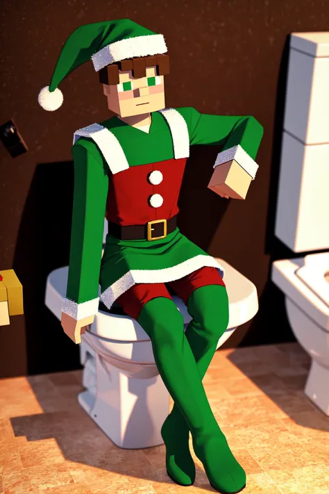 there is a man in a elf costume sitting on a toilet