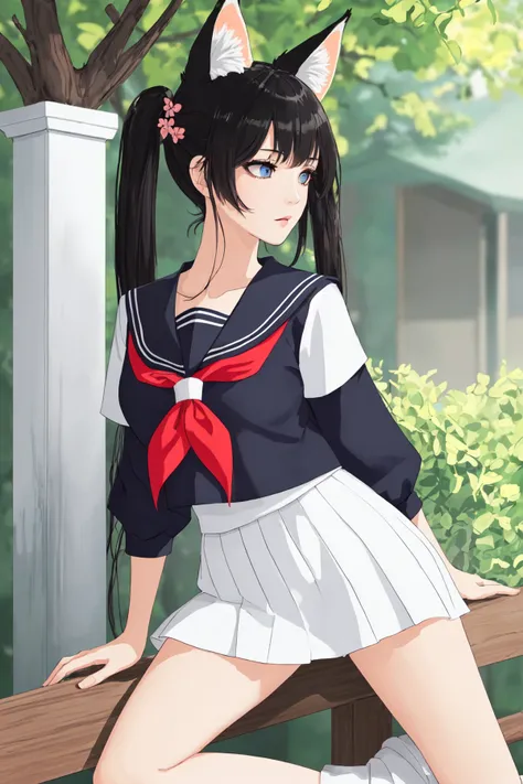 anime girl in a sailor outfit posing on a wooden fence