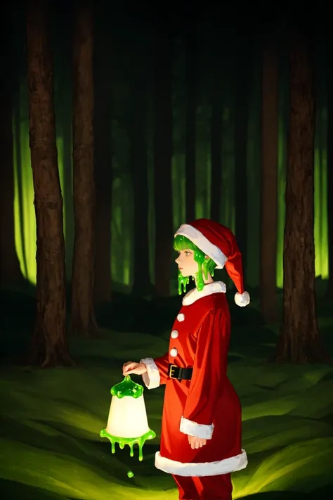 araffe dressed in a santa suit holding a lantern in a forest