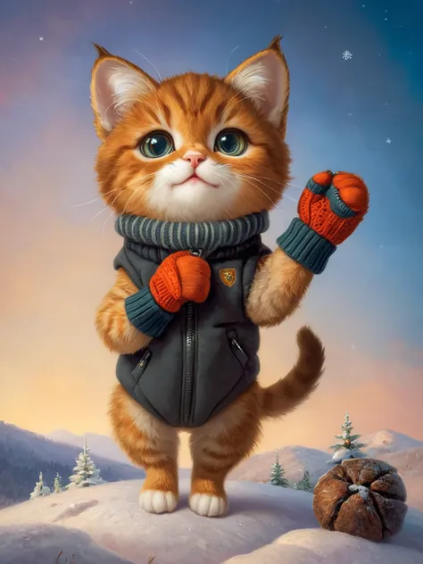 painting of a cat wearing a winter coat and mittens