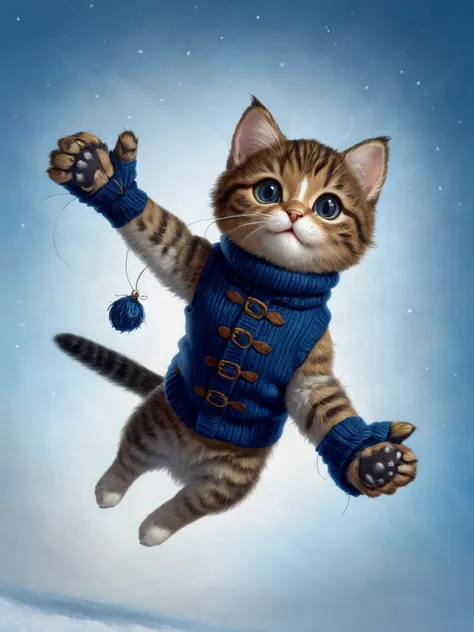 arafed cat in a blue sweater is flying through the air