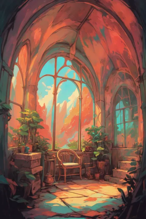 a painting of a room with a window and a chair