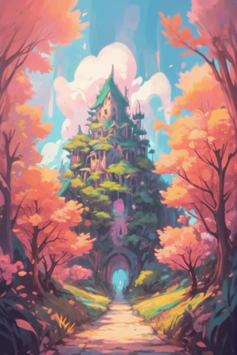 a painting of a castle in the middle of a forest