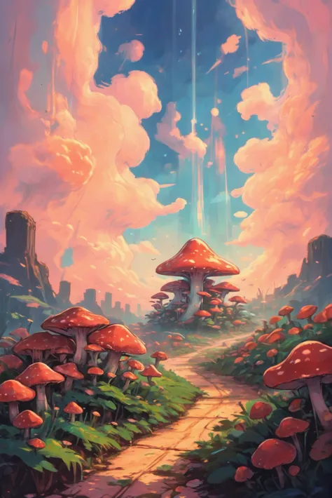 a painting of a pathway leading to a mushroom - like area