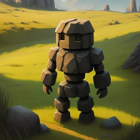 masterpiece, high res, detailed, facing viewer, full view, simple stone golem, grass field