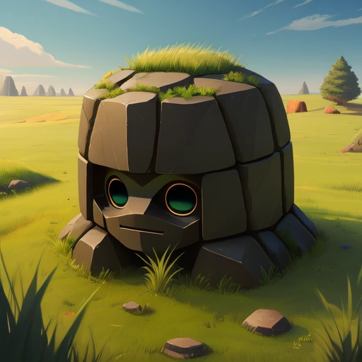 masterpiece, high res, detailed, facing viewer, full view, simple golem, grass field