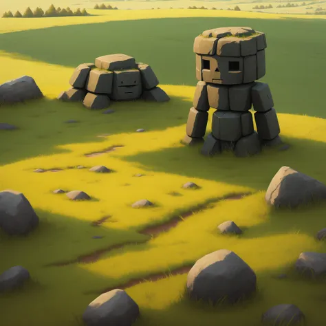 masterpiece, high res, detailed, facing viewer, full view, simple stone golem, grass field