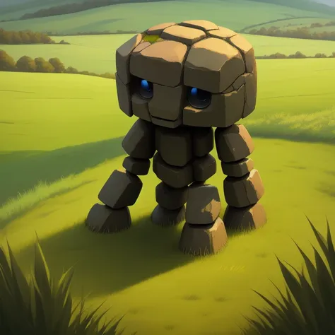 masterpiece, high res, detailed, facing viewer, full view, simple four legged stone golem, grass field