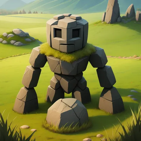 masterpiece, high res, detailed, facing viewer, full view, simple stone golem, grass field