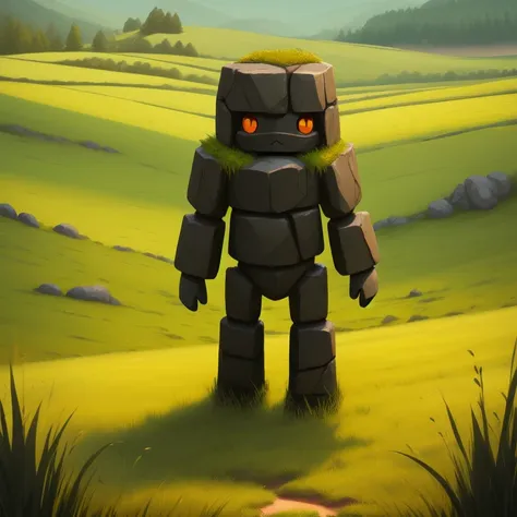 masterpiece, high res, detailed, facing viewer, full view, simple four legged stone golem, grass field