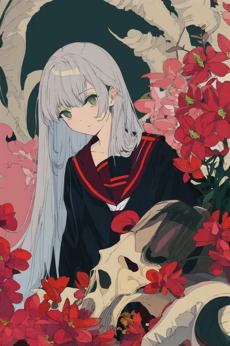masterpiece, best quality, flat color, limited palette, low contrast,
1girl, serafuku, long straight white hair,
lycoris flower, goat skull,
(red, black)