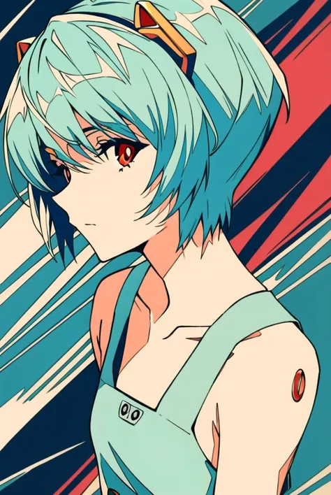 masterpiece portrait of aroused Rei Ayanami (evangelion), evangelion (Hideaki), caustics, textile shading, high resolution illustration, red eyes, feminine, no pupils, blue hair, short hair, ligne claire, flat color, limited palette, low contrast