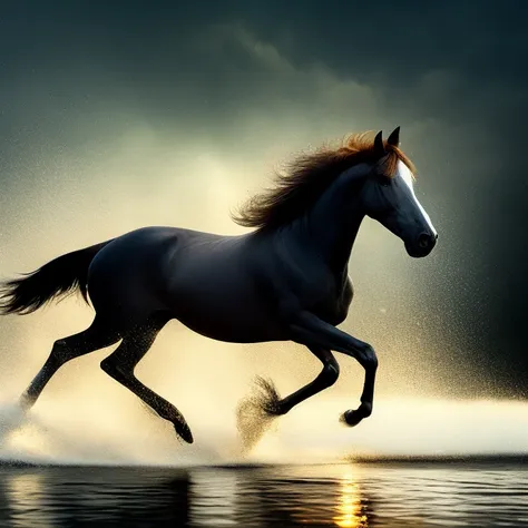 oldjourney a horse running through water with splashing water on its back legs and head, in the middle of the night,  highly det...