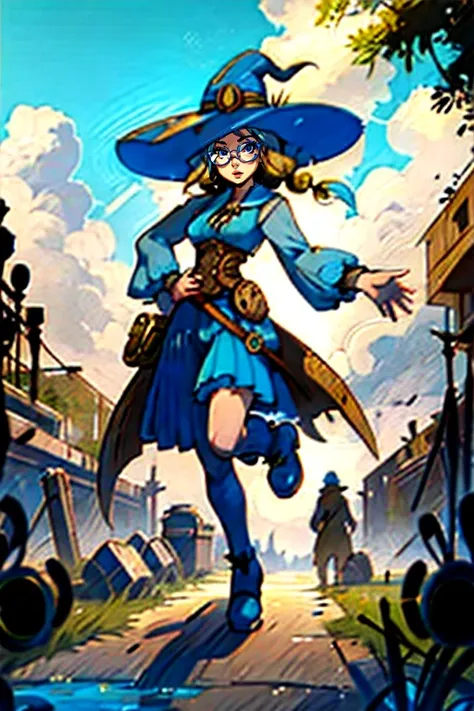 a woman in a blue hat and blue dress is running through a town