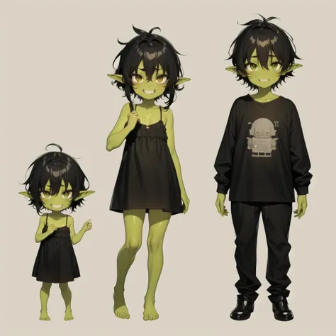 cute face,  goblin,  black hair,  full body, green skin, old clother, standing