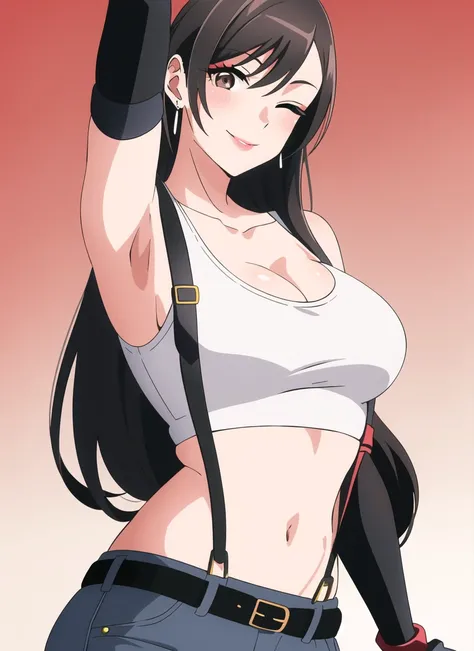 bisquedoll anime style, tifa lockhart, 1girl, thick lips, arm up, armpits, artist name, belt, black hair, breasts, brown eyes, cleavage, closed mouth, collarbone, cowboy shot, crop top, earrings, elbow gloves, elbow pads, gloves, gradient background, jewel...