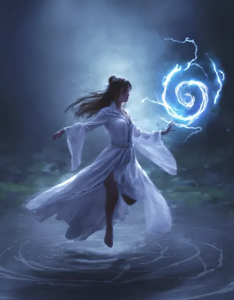 solo, 1girl (floating:1.3), wearing high garden magical clothes, magical particles, magic stream, white mists, summons a lightning spirit from a magic circle drawn on the ground, glowing wisps, darkness surrounding, at night, sharp details, masterpiece, be...