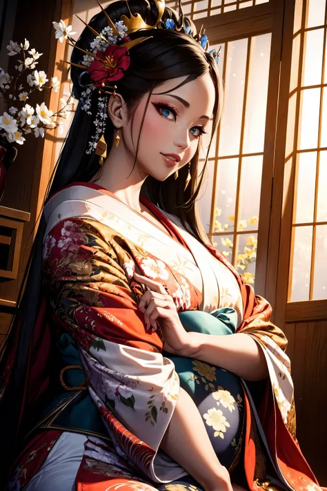 <lora:oiran-13:0.6>, (masterpiece, best quality:1.3), highres, manga, cowboy shot, (ultra-detailed), highly detailed portrait of...