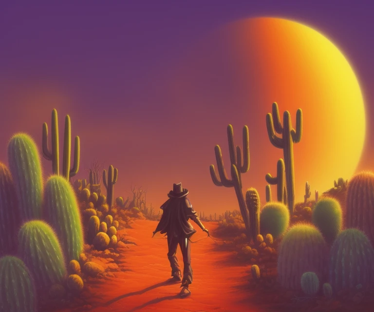 a necromancer walking around a desert, orange sun, dusk, cacti, neundies style