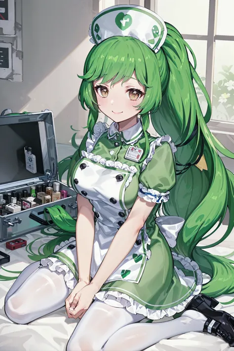 anime girl with green hair sitting on bed in front of a computer