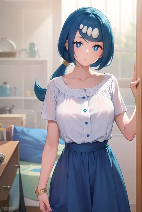 pokemonmotherlana, <lyco:pokemonmotherlana-lyco-nochekaiser:1>,
pokemonmotherlana, blue eyes, blue hair, freckles, hair ornament, long hair, swept bangs, (bright pupils:1.5),
BREAK blouse, blue skirt, bracelet, collarbone, dress, jewelry, long skirt, shirt...