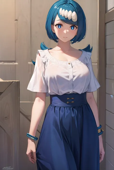 pokemonmotherlana, <lyco:pokemonmotherlana-lyco-nochekaiser:1>,
pokemonmotherlana, blue eyes, blue hair, freckles, hair ornament, long hair, swept bangs, (bright pupils:1.5),
BREAK blouse, blue skirt, bracelet, collarbone, dress, jewelry, long skirt, shirt...