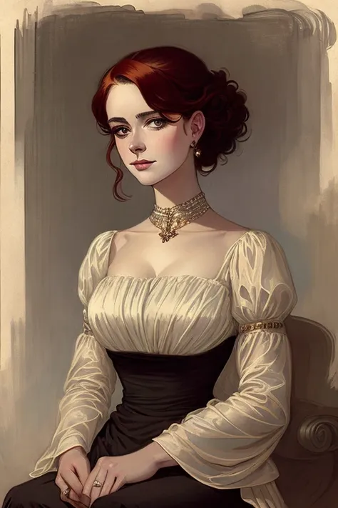 style-empire, <lora:gothicnoirstyle:0.5>, with long red hair and green eyes, eyeliner, wearing black dress, intricate, elegant, ...