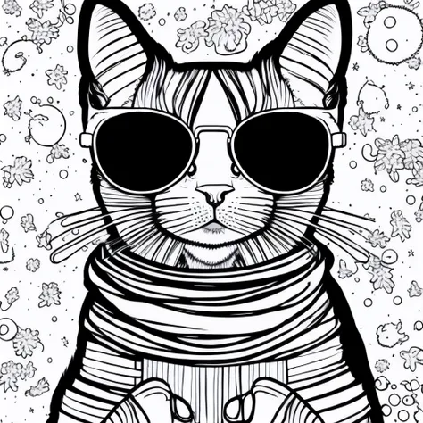 cat wearing sunglasses colr_001, vector art, white background, coloring book, line art, high resolution, black and white, colorl...