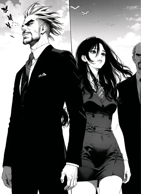 boichi manga style, 1girl, greyscale, monochrome, 1boy, suit, formal, facial hair, skirt, necktie, manly, dress, ((masterpiece)) <lora:boichi_manga_style_offset:1>