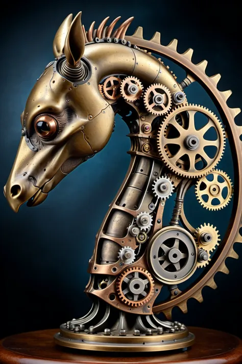 a close up of a horse head made of gears and gears