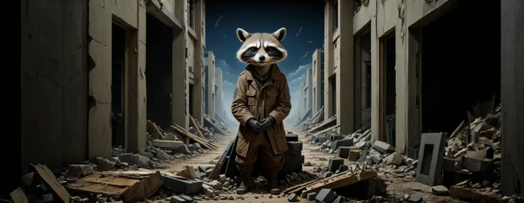 an award winning dark themed photo, desperate war veteran raccoon, terrible rubble, (post-apocalypse:1.5), 8k, RAW, best quality, ultra-detailed, vignette, epic, gorgeous <lora:FF-Style-Kazimir-Malevich-v2.LoRA:0.5> <lora:FF-Style-Rafal-Olbinski.LORA:0.4>