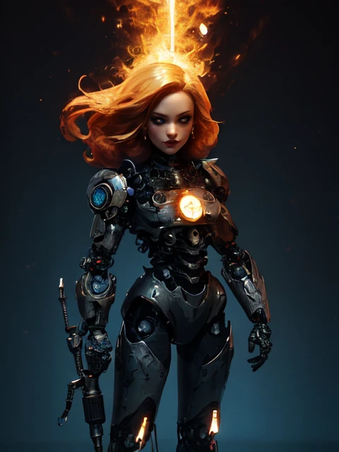 a woman in a suit with a glowing head and a sword