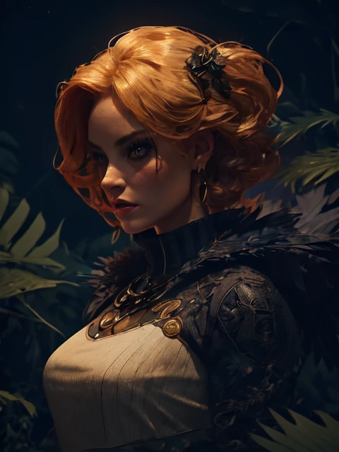 a woman with red hair and a black cape standing in front of a jungle