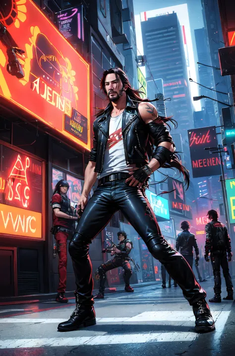 ((lineart)), ((Keanu Reeves as Johnny Silverhand)), ((long hair)), red aviator sunglasses, punk rock metal influence, black leather pants, biker boots, (jean jacket with cut off sleeves), patches, (left arm is chomed cybernetic), (empty hands), (cyberpunk ...