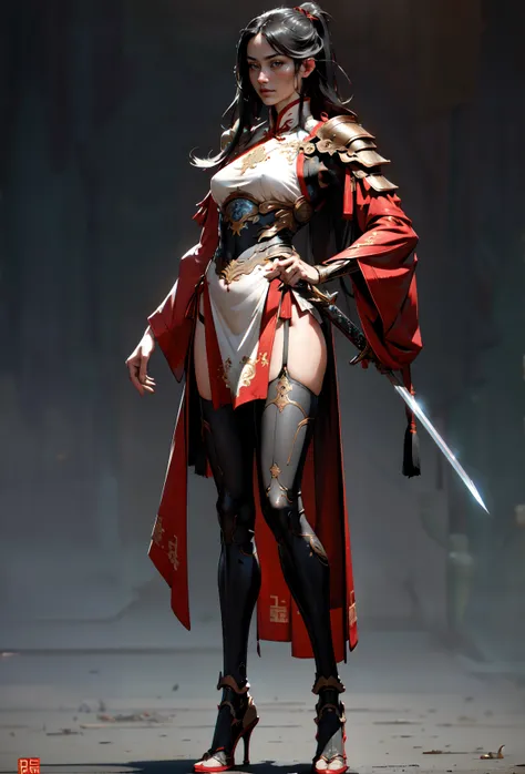 (Comic Style:1.35), Masterpiece, exquisite, 8k, 1 girl, (exquisite long hair, beautiful realistic hair), swordsman, (Chinese armor:1.1), Hanfu, (Cyberpunk, mechanical, cybernetic), (high stockings:1.2) long sword, perfect lighting, perfect shading, volumet...