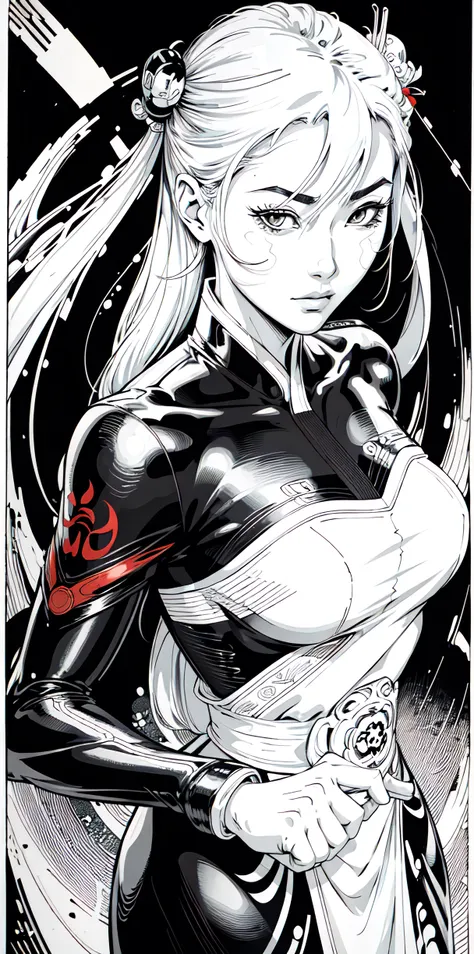 (comic style), (colored line art:1.5), (1girl:1.3), ((black and white)), hanfu, geisha, ((zen)), (masterpiece, top quality, best quality), extreme detailed background, good composition, good anatomy, perfect lighting, good shading, zen calligraphy, (realis...