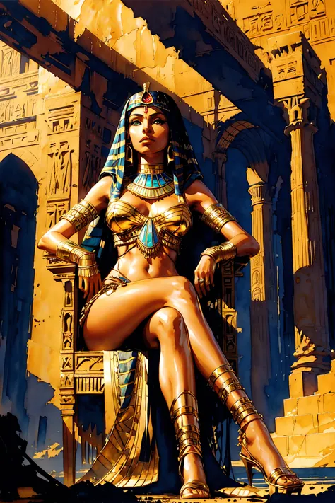 1 egyptian woman, (seductive), very long hair, , dark skin, closed mouth, looking at viewer, egyptian clothes, sitting on the throne , from below, crossed legs, gem,
fantasy, high contrast, ink strokes, explosions, over exposure,
impression , abstract, ((w...