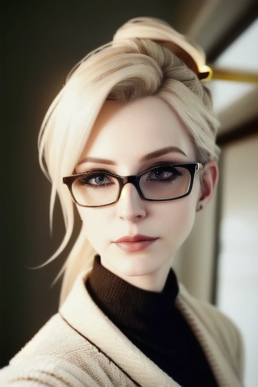 photo, beautiful mature blonde, sharp features, realistic, pale skin, 30 year old female, selfie of mercy (overwatch), ((halo)),...