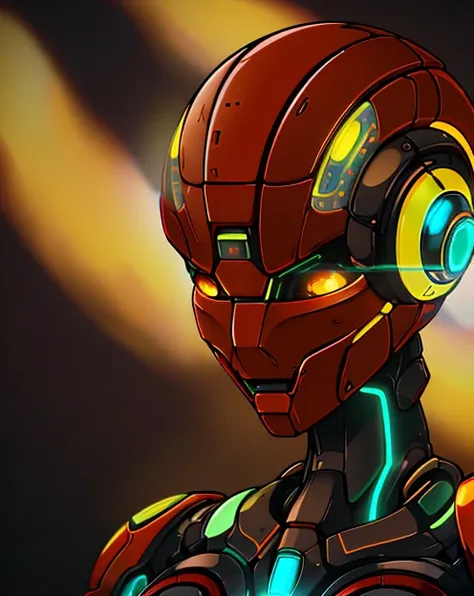 a close up of a robot with glowing eyes and headphones