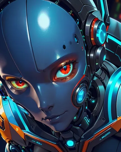 a close up of a robot with glowing eyes and headphones